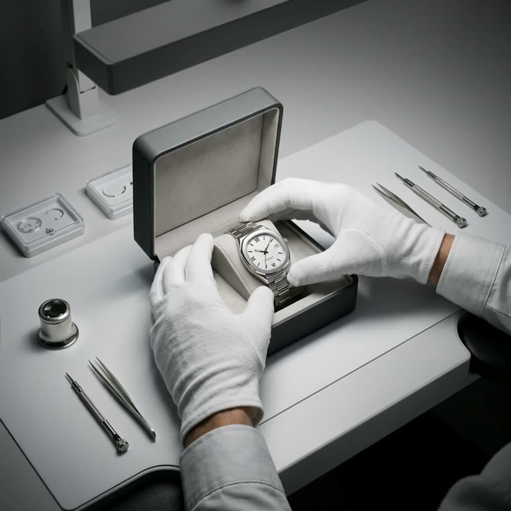 Watchmaker in white gloves placing a watch in its case